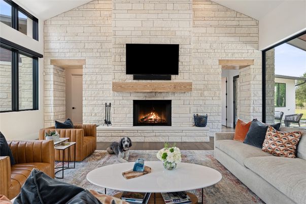 Fireplace, Interior, Living room, Stone Walls, Wood Texture Flooring