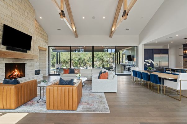 Dining room, Fireplace, Interior, Kitchen, Living room, Pendant Lights, Recessed Lighting, Stone Walls, Wooden Beams, Wood Texture Flooring