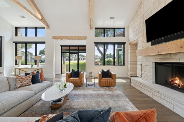 Fireplace, Interior, Living room, Stone Walls, Wooden Beams, Wood Texture Flooring