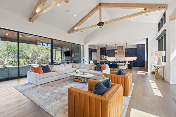 Interior, Kitchen, Living room, Pendant Lights, Recessed Lighting, Stainless Steel Appliances, Wooden Beams, Wood Texture Flooring