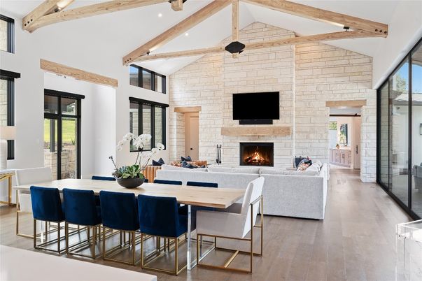 Dining room, Fireplace, Interior, Living room, Recessed Lighting, Stone Walls, Wooden Beams, Wood Texture Flooring