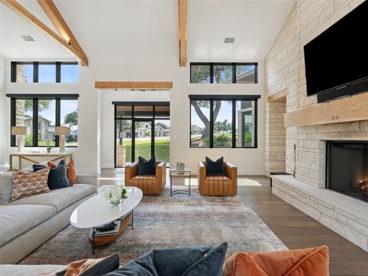Fireplace, Interior, Living room, Stone Walls, Wooden Beams, Wood Texture Flooring