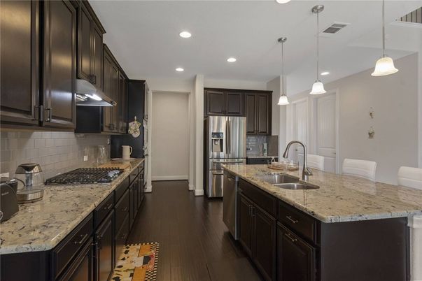 Interior, Kitchen, Pendant Lights, Recessed Lighting, Stainless Steel Appliances, Wood Texture Flooring