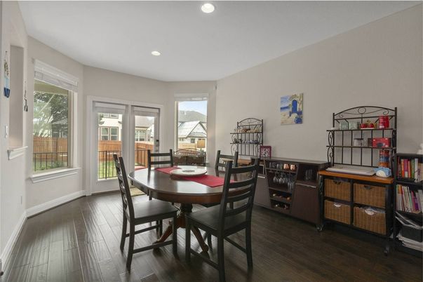 Dining room, Interior, Recessed Lighting, Wood Texture Flooring