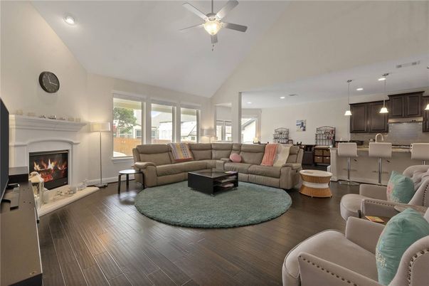 Dining room, Fireplace, Interior, Kitchen, Living room, Pendant Lights, Recessed Lighting, Wood Texture Flooring