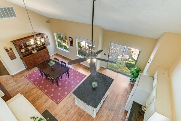Dining room, Interior, Living room, Pendant Lights, Wood Texture Flooring