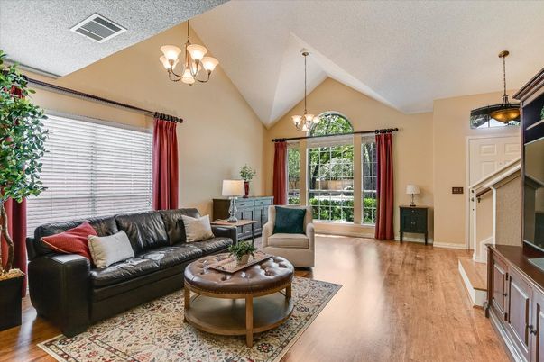 Chandelier, Interior, Living room, Pendant Lights, Wood Texture Flooring