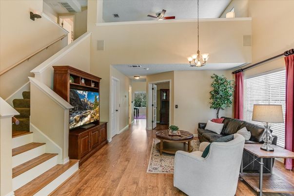 Chandelier, Interior, Living room, Pendant Lights, Wood Texture Flooring