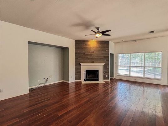 Empty room, Fireplace, Interior, Stone Walls, Wood Texture Flooring