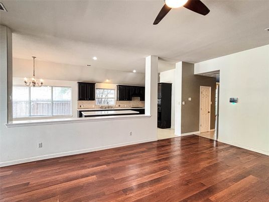 Chandelier, Empty room, Interior, Kitchen, Recessed Lighting, Wood Texture Flooring