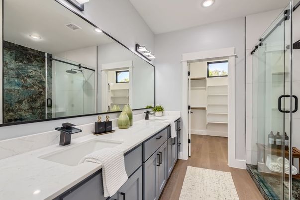 Bathroom, Dual Sink Vanities, Glass Shower, Interior, Recessed Lighting, Walk-in Closets, Wood Texture Flooring