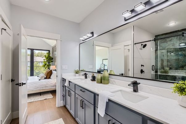 Bathroom, Bedroom, Dual Sink Vanities, Glass Shower, Interior, Recessed Lighting, Wood Texture Flooring
