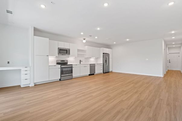 Interior, Kitchen, Recessed Lighting, Stainless Steel Appliances, Wood Texture Flooring