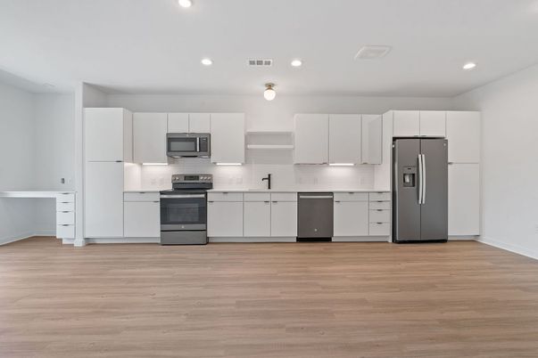 Interior, Kitchen, Recessed Lighting, Stainless Steel Appliances, Wood Texture Flooring