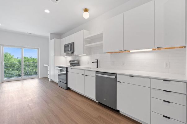 Interior, Kitchen, Recessed Lighting, Stainless Steel Appliances, Wood Texture Flooring