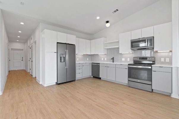 Interior, Kitchen, Recessed Lighting, Stainless Steel Appliances, Wood Texture Flooring