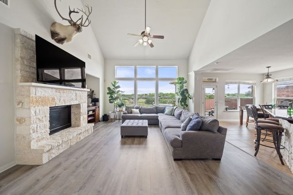Dining room, Fireplace, Interior, Living room, Pendant Lights, Wood Texture Flooring
