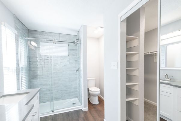 Bathroom, Glass Shower, Interior, Walk-in Closets, Wood Texture Flooring