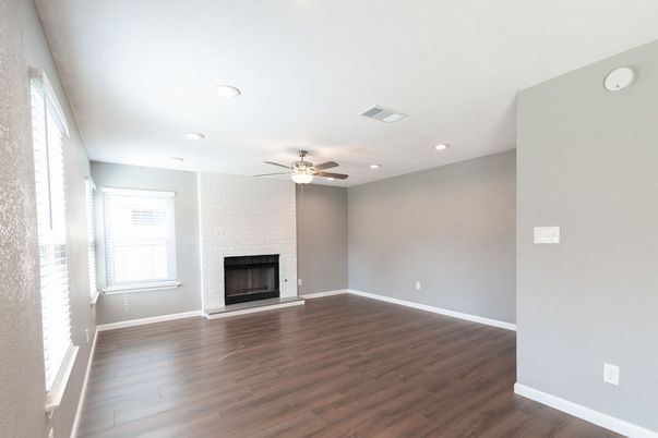 Empty room, Fireplace, Interior, Recessed Lighting, Wood Texture Flooring