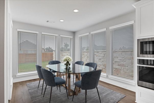 Dining room, Interior, Recessed Lighting, Wood Texture Flooring