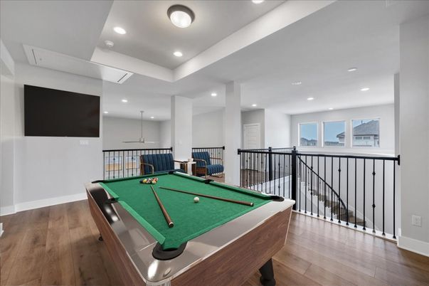 Billiard Table, Game Room, Interior, Recessed Lighting, Wood Texture Flooring