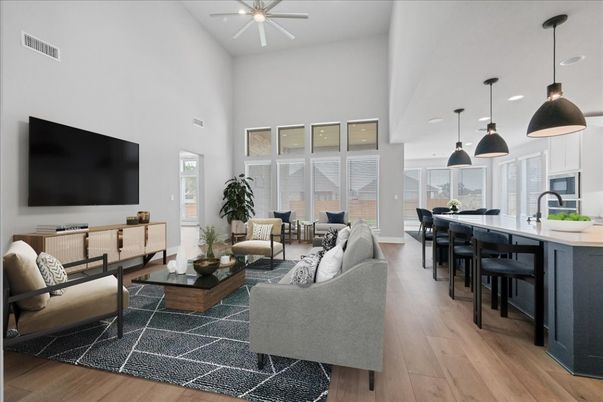 Interior, Kitchen, Living room, Pendant Lights, Recessed Lighting, Wood Texture Flooring
