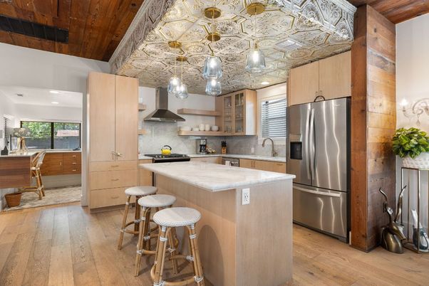 Interior, Kitchen, Pendant Lights, Recessed Lighting, Stainless Steel Appliances, Wooden Ceilings, Wood Texture Flooring