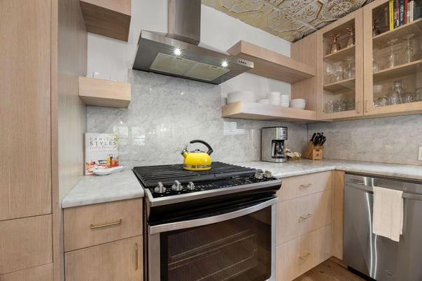 Interior, Kitchen, Marble Walls, Stainless Steel Appliances, Wood Texture Flooring