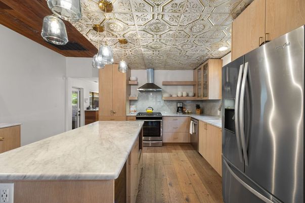 Interior, Kitchen, Pendant Lights, Stainless Steel Appliances, Wood Texture Flooring