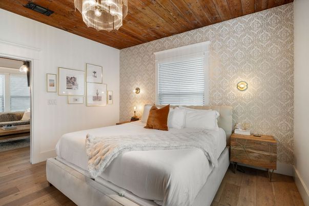 Bedroom, Chandelier, Interior, Wooden Ceilings, Wood Texture Flooring
