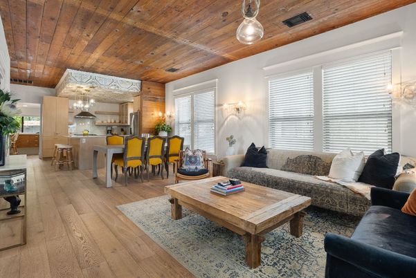Dining room, Interior, Kitchen, Living room, Pendant Lights, Wooden Ceilings, Wood Texture Flooring