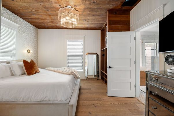 Bedroom, Chandelier, Interior, Wooden Ceilings, Wood Texture Flooring