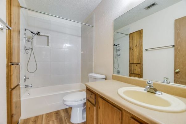 Bathroom, Glass Shower, Interior, Wood Texture Flooring