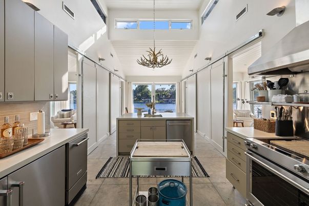 Chandelier, Interior, Kitchen, Pendant Lights, Stainless Steel Appliances, Water