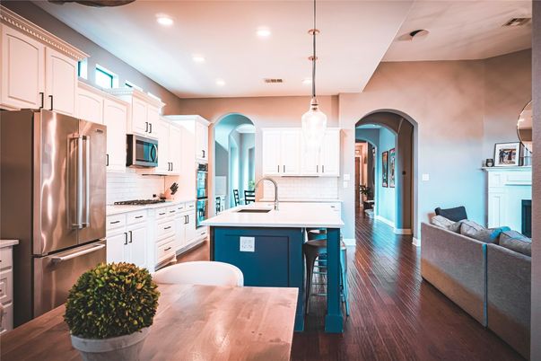 Interior, Kitchen, Pendant Lights, Recessed Lighting, Stainless Steel Appliances, Wood Texture Flooring