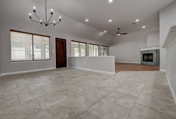 Chandelier, Empty room, Fireplace, Interior, Recessed Lighting