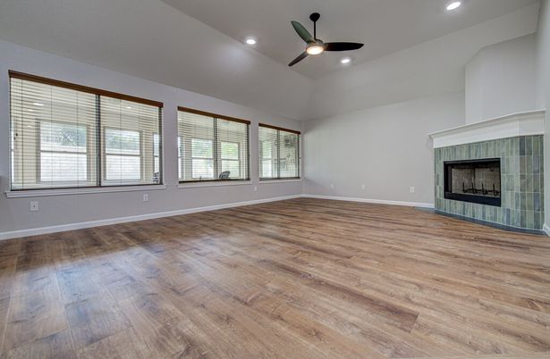 Empty room, Fireplace, Interior, Recessed Lighting, Wood Texture Flooring
