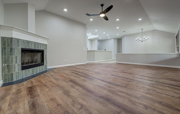 Empty room, Fireplace, Interior, Pendant Lights, Recessed Lighting, Wood Texture Flooring