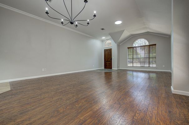 Chandelier, Empty room, Interior, Recessed Lighting, Wood Texture Flooring