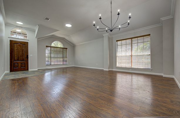 Chandelier, Empty room, Interior, Recessed Lighting, Wood Texture Flooring