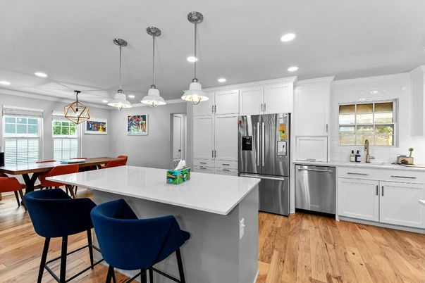 Dining room, Interior, Kitchen, Pendant Lights, Recessed Lighting, Stainless Steel Appliances, Wood Texture Flooring