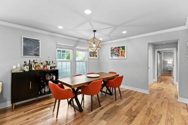 Dining room, Interior, Pendant Lights, Recessed Lighting, Wood Texture Flooring
