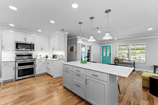 Interior, Kitchen, Pendant Lights, Recessed Lighting, Stainless Steel Appliances, Wood Texture Flooring