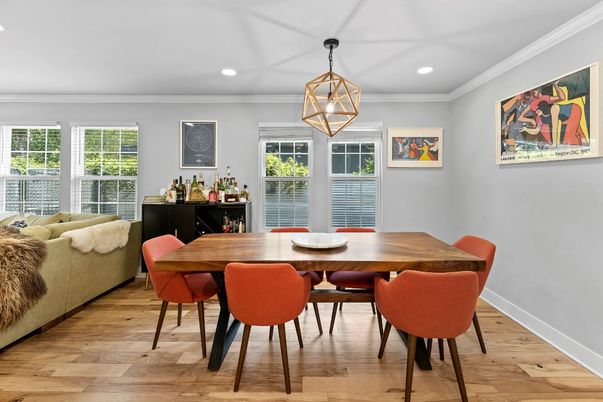 Dining room, Interior, Pendant Lights, Recessed Lighting, Wood Texture Flooring