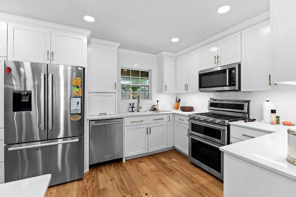 Interior, Kitchen, Recessed Lighting, Stainless Steel Appliances, Wood Texture Flooring
