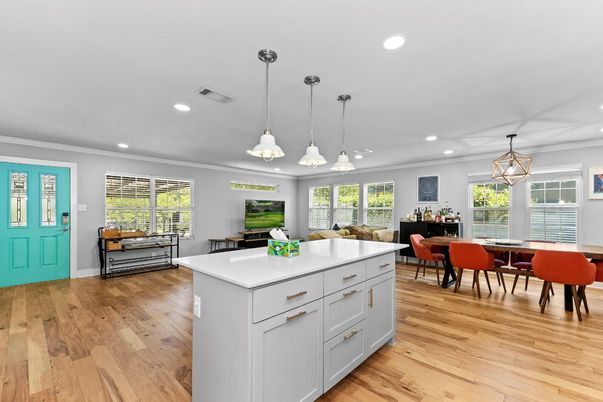Dining room, Interior, Kitchen, Living room, Pendant Lights, Recessed Lighting, Wood Texture Flooring