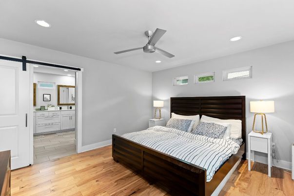 Bedroom, Interior, Recessed Lighting, Wood Texture Flooring