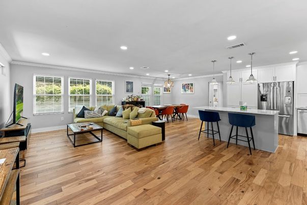 Dining room, Interior, Kitchen, Living room, Pendant Lights, Recessed Lighting, Stainless Steel Appliances, Wood Texture Flooring
