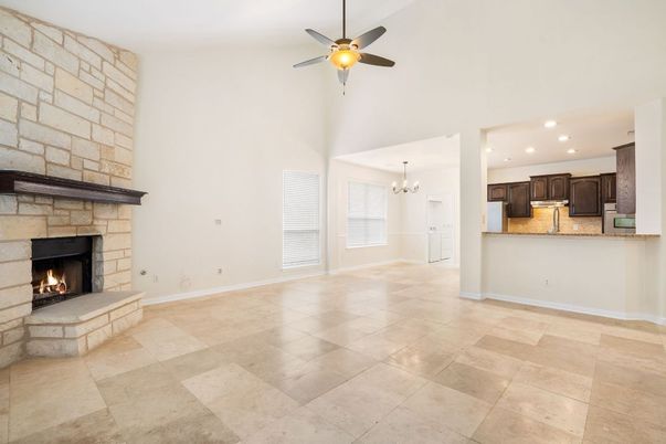Chandelier, Fireplace, Interior, Kitchen, Pendant Lights, Recessed Lighting, Stone Walls