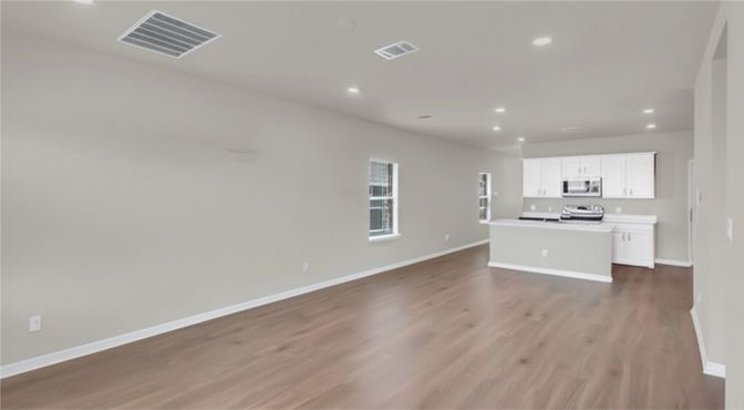 Empty room, Interior, Kitchen, Recessed Lighting, Wood Texture Flooring